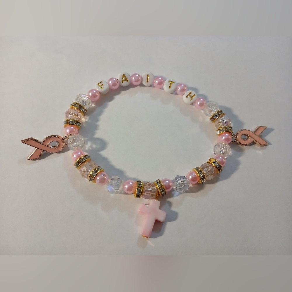 NWT Handcrafted Breast Cancer Awareness Stretch Pink Faith Beaded Bracelet